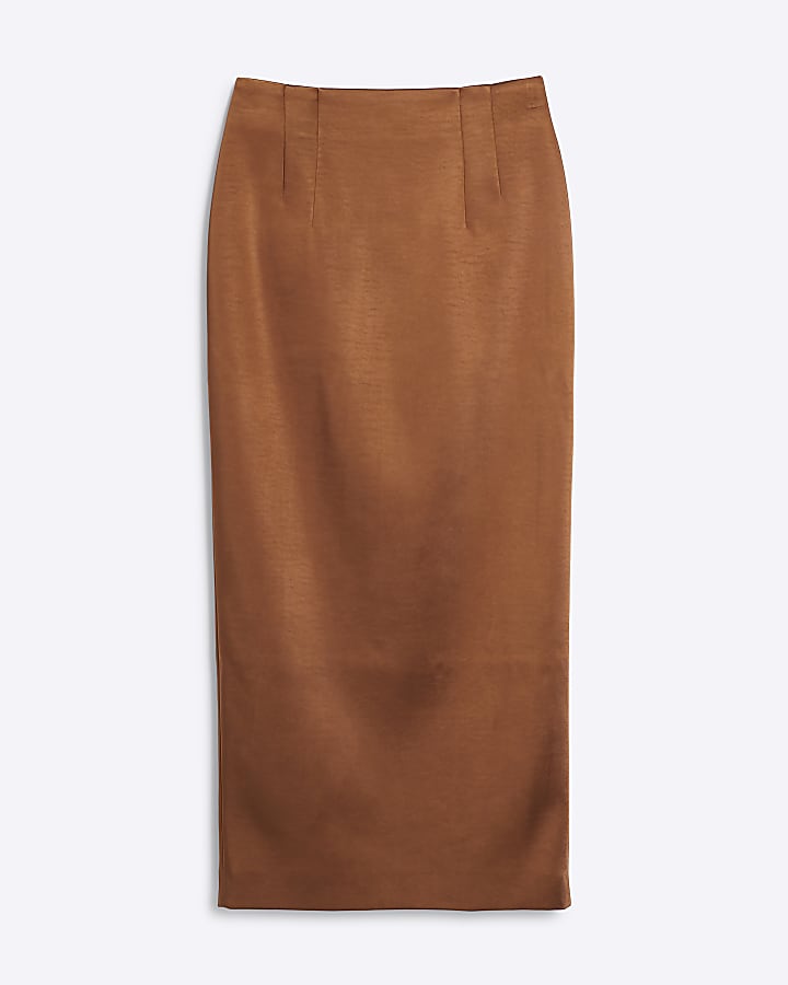 Brown Satin Pencil Midi Skirt