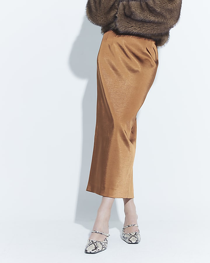 Brown Satin Pencil Midi Skirt