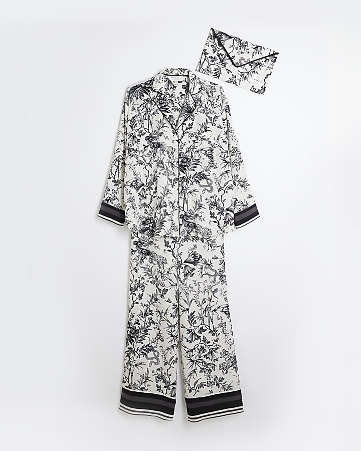 Black Satin Floral Toile Print Pyjama Set