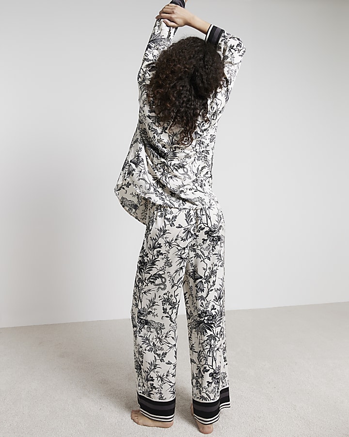Black Satin Floral Toile Print Pyjama Set