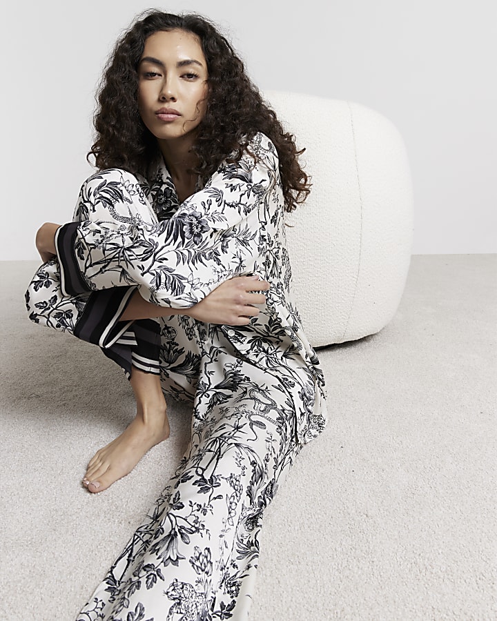 Black Satin Floral Toile Print Pyjama Set
