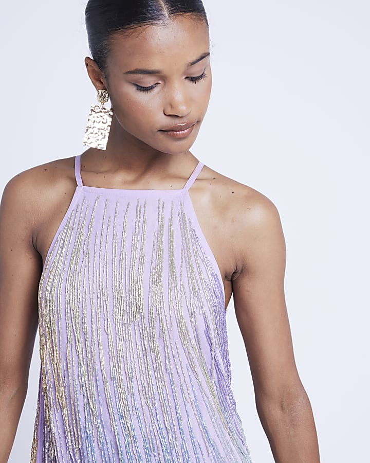 Purple bead fringe shift mini dress