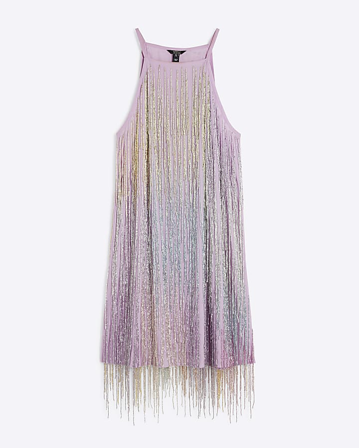 Purple bead fringe shift mini dress