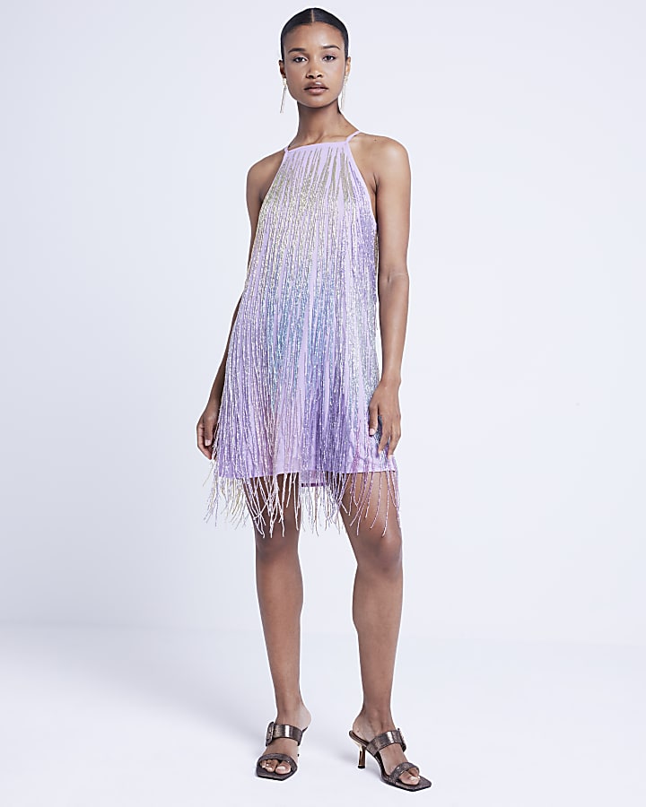 Purple bead fringe shift mini dress