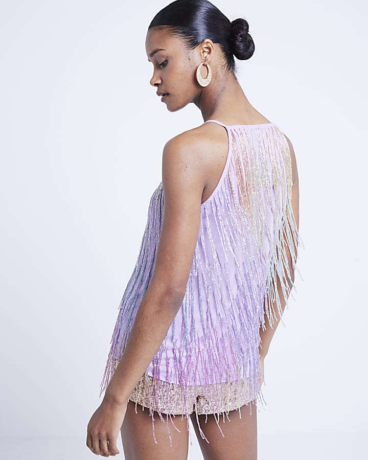 Purple bead fringe halter neck top