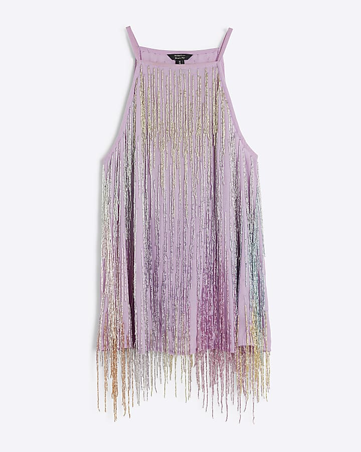 Purple bead fringe halter neck top