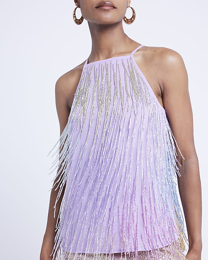 Purple bead fringe halter neck top