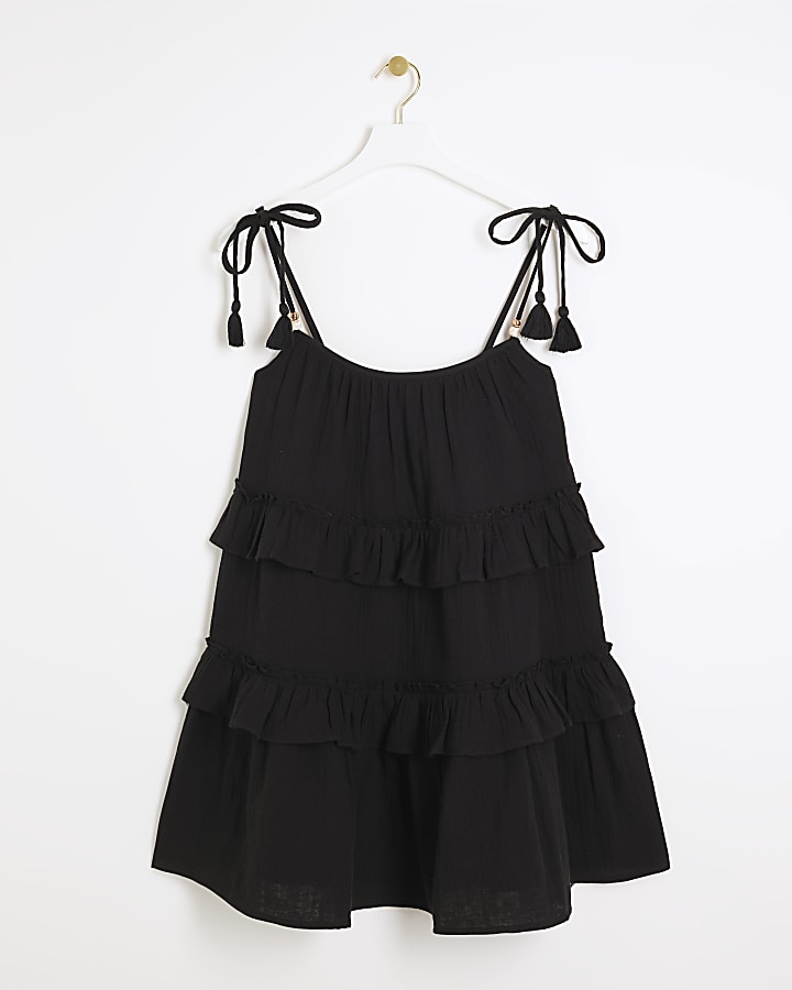 Black tie strap tiered beach mini dress