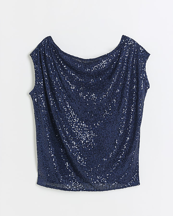 Navy Off Shoulder Sequin Top