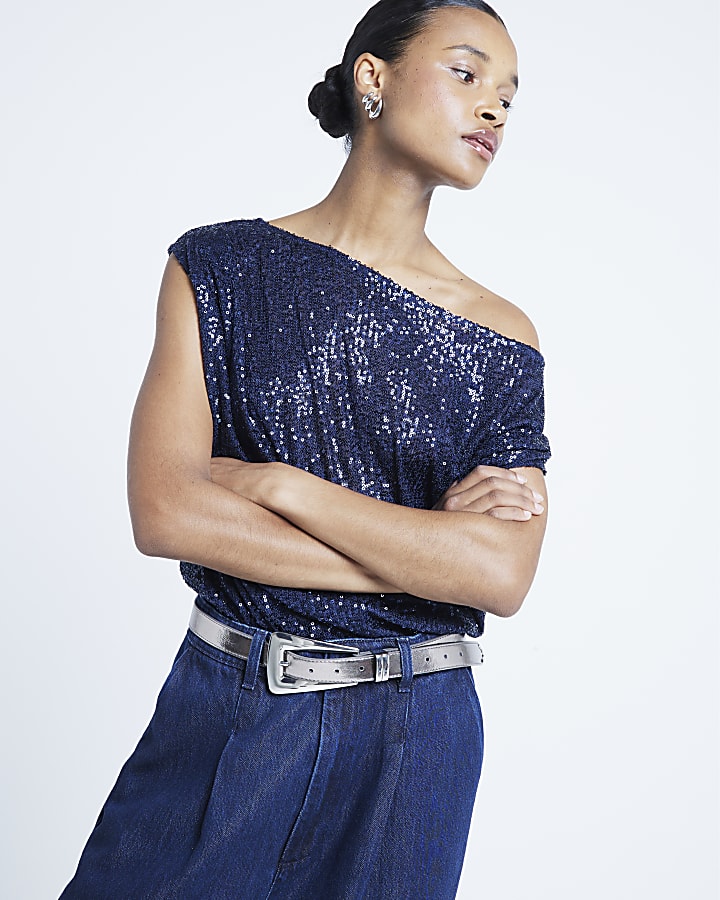 Navy Off Shoulder Sequin Top