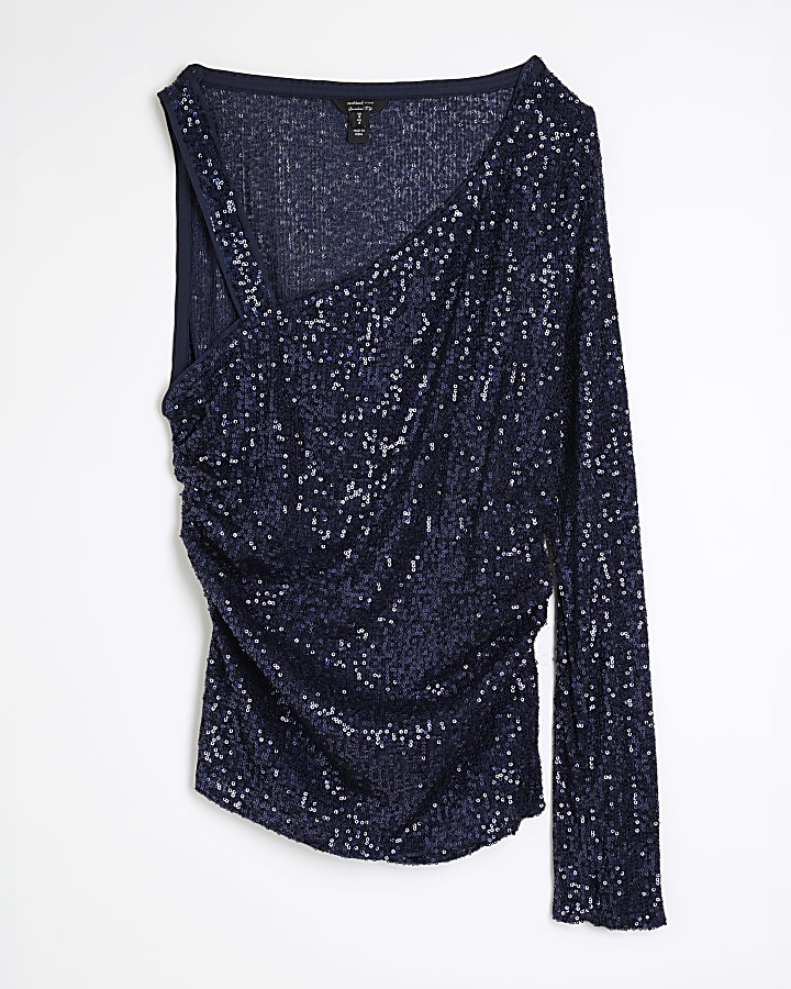 Navy One Shoulder Sequin Top