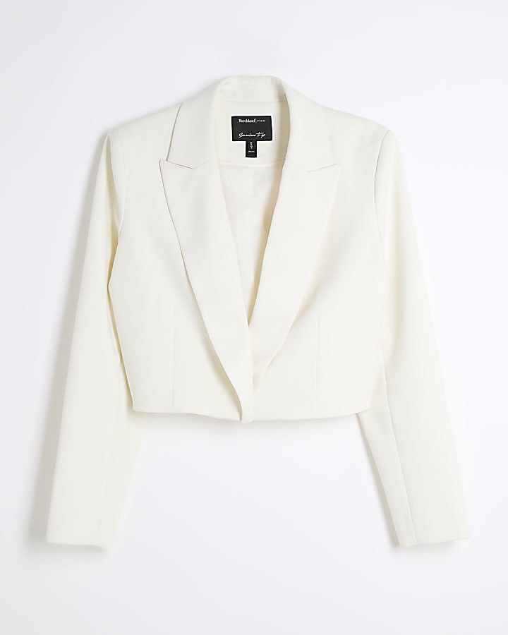 Cream Cropped Tuxedo Boxy Blazer