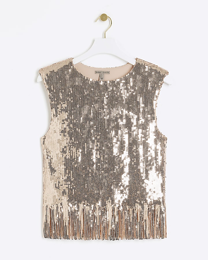 Rose gold sequin fringe vest top