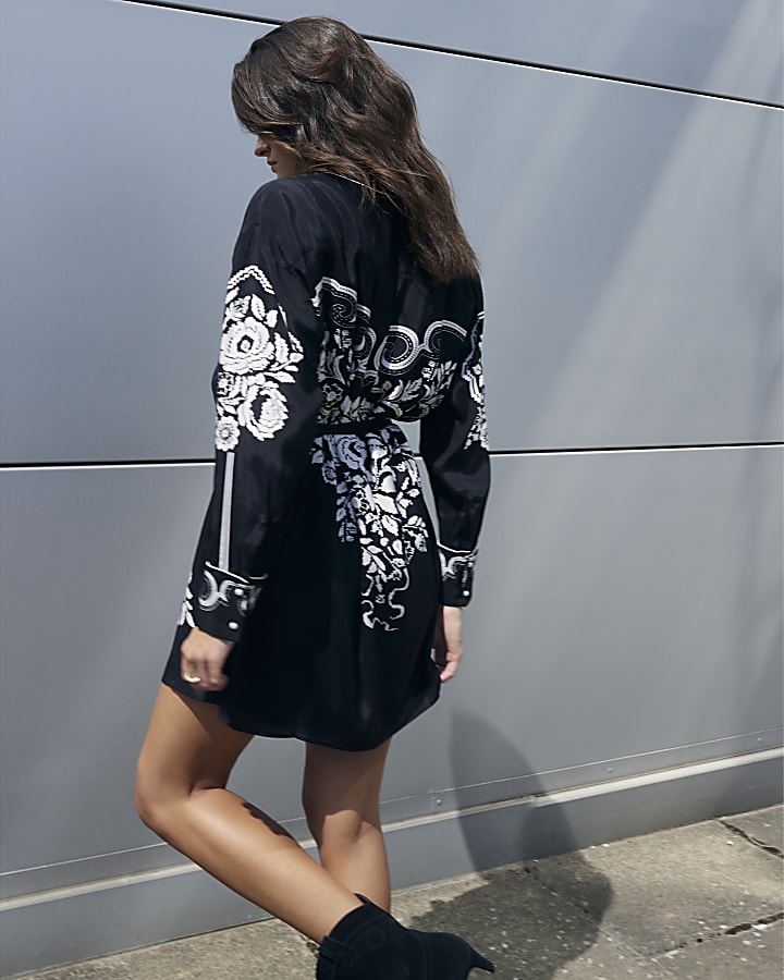 Black Western Border Mini Shirt Dress