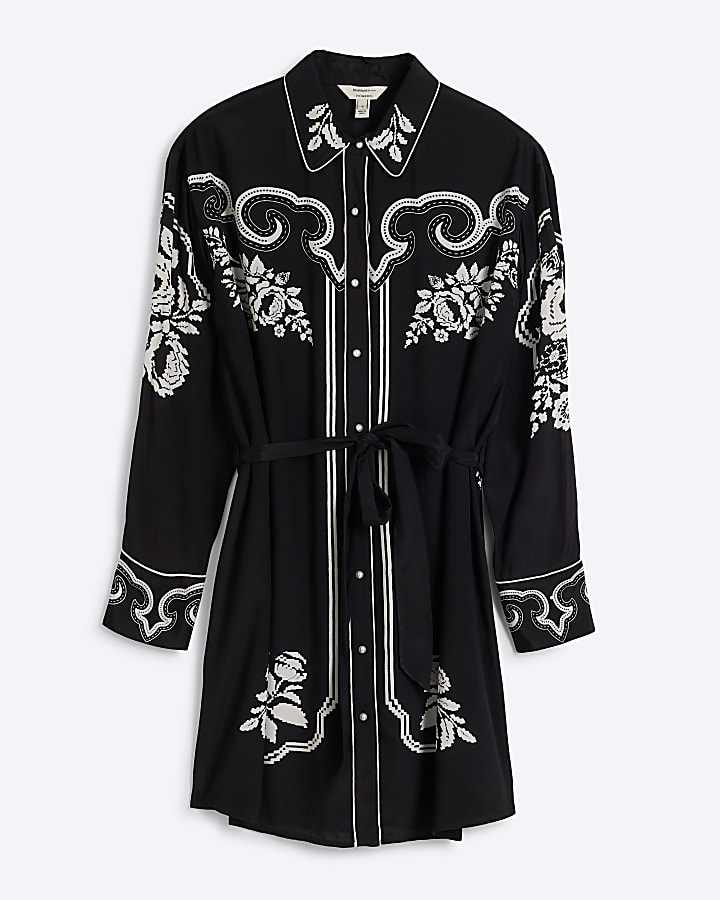 Black Western Border Mini Shirt Dress