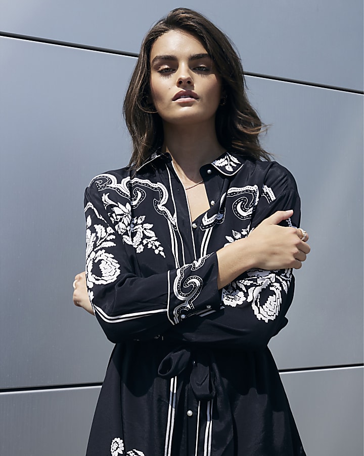 Black Western Border Mini Shirt Dress