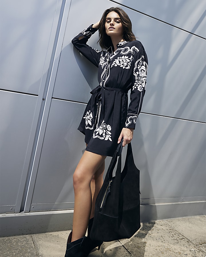 Black Western Border Mini Shirt Dress