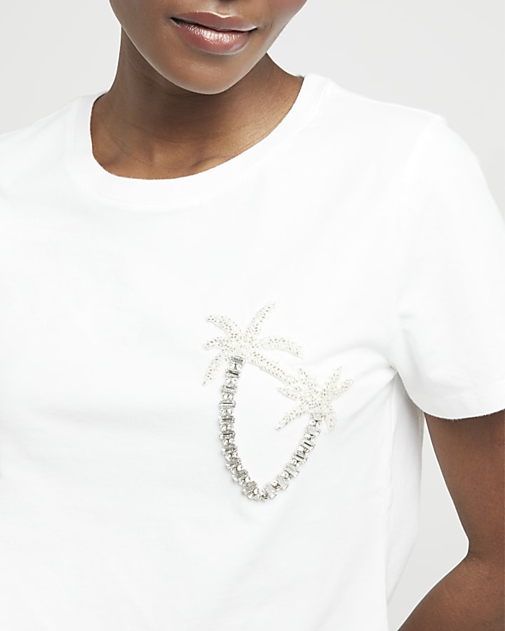 White embellished palm tree t-shirt