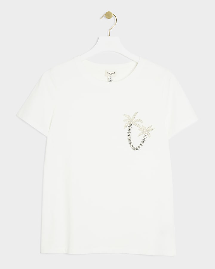 White embellished palm tree t-shirt