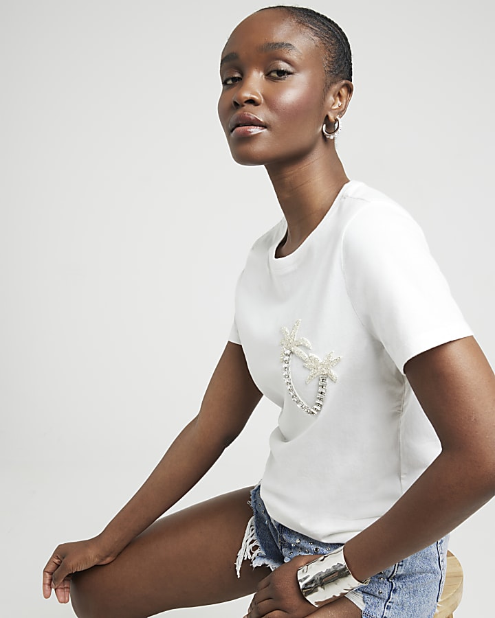 White embellished palm tree t-shirt