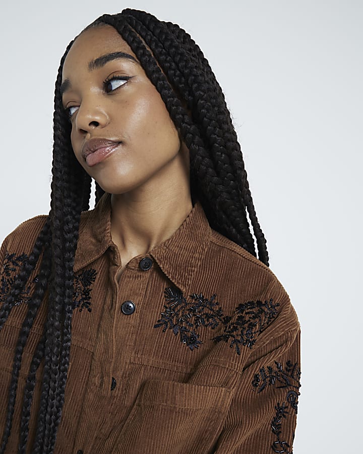 Brown Long Sleeved Embellished Corduroy Shirt