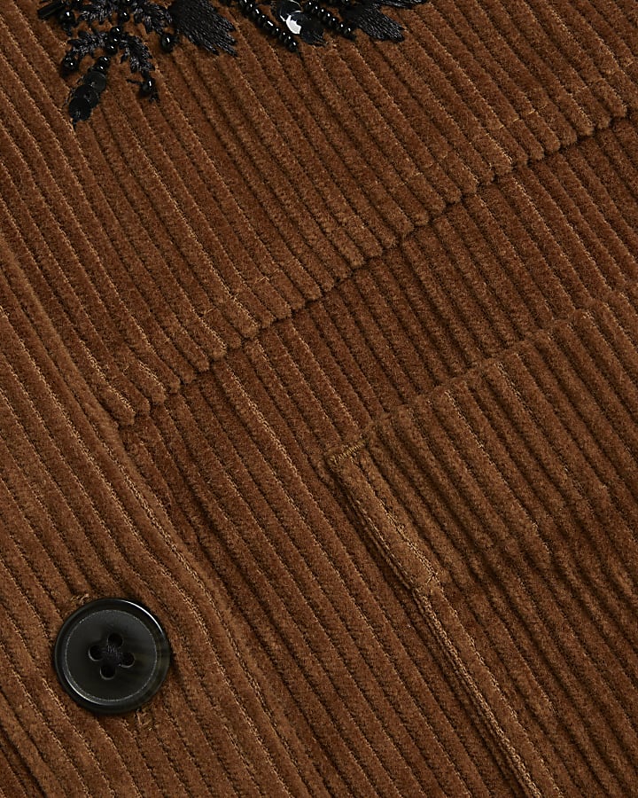 Brown Long Sleeved Embellished Corduroy Shirt