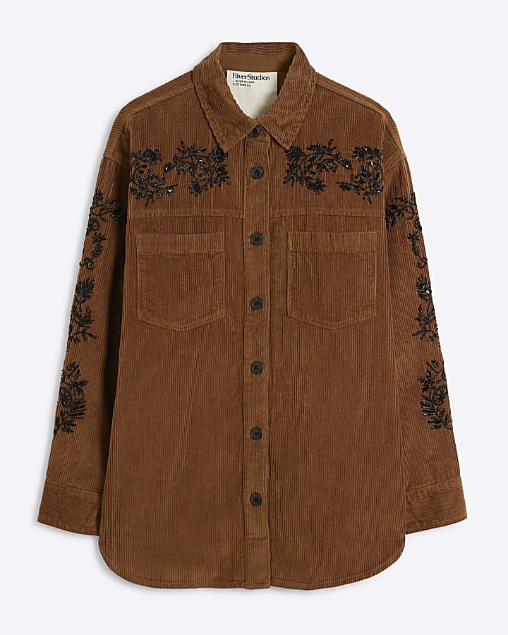 Brown Long Sleeved Embellished Corduroy Shirt