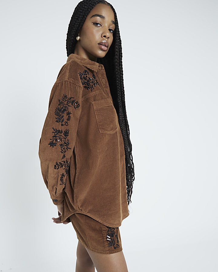 Brown Long Sleeved Embellished Corduroy Shirt