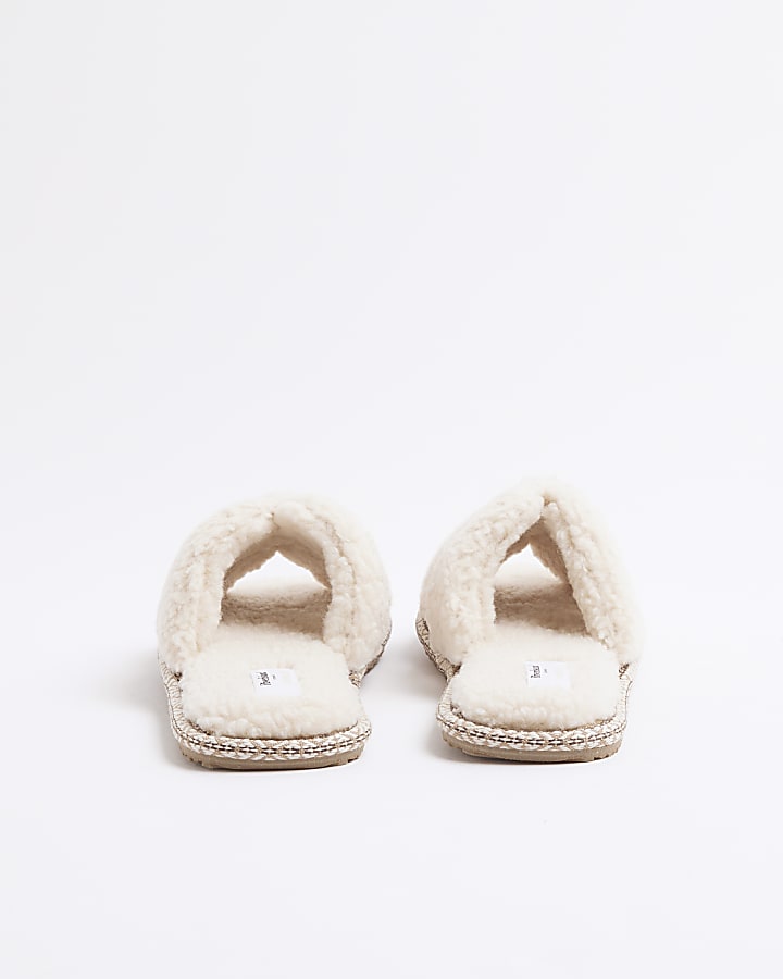 Cream Cut Out Strap Borg Open Toe Slippers