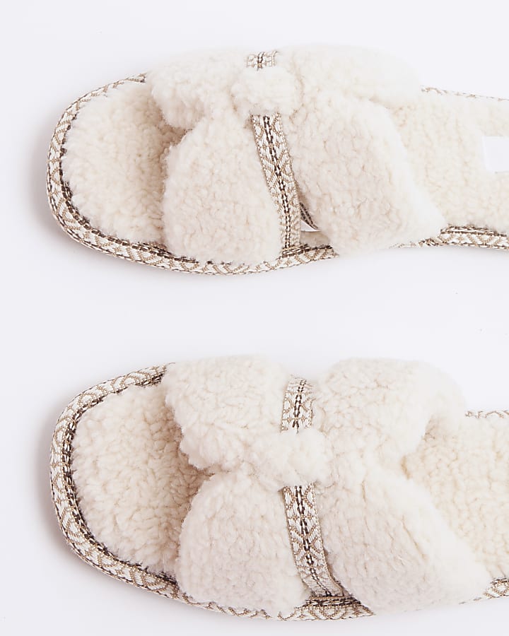 Cream Cut Out Strap Borg Open Toe Slippers