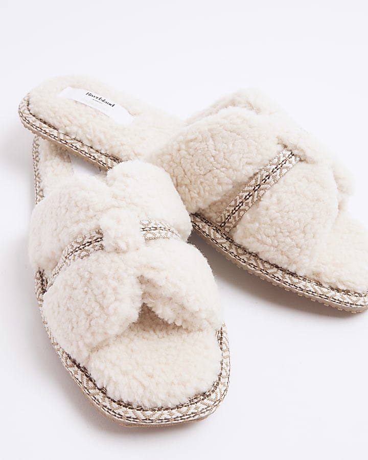 Cream Cut Out Strap Borg Open Toe Slippers