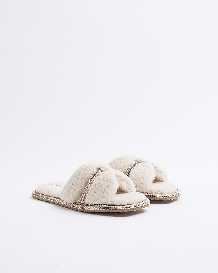 Cream Cut Out Strap Borg Open Toe Slippers