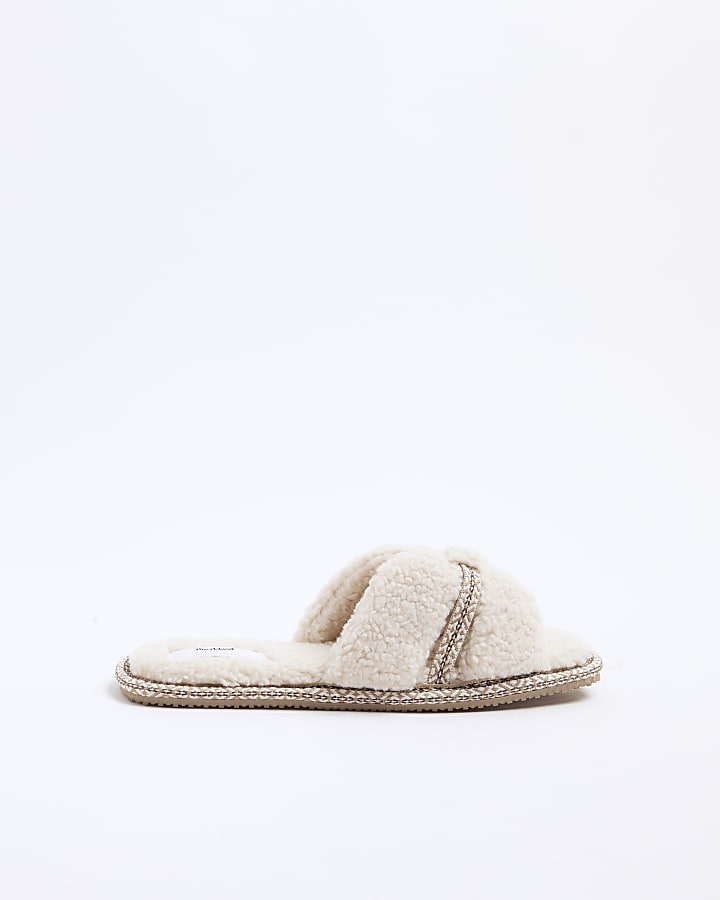 Cream Cut Out Strap Borg Open Toe Slippers