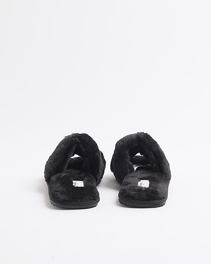 Black Faux Fur Diamante Cut Out Slippers