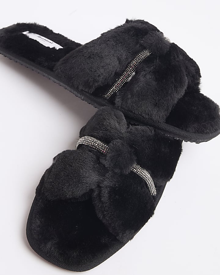 Black Faux Fur Diamante Cut Out Slippers