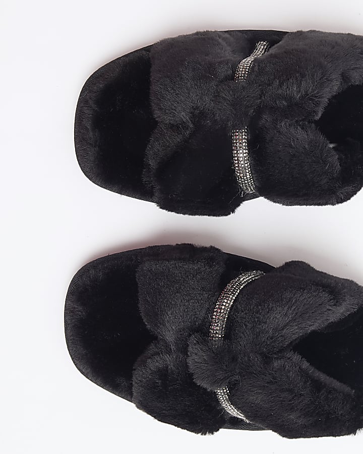 Black Faux Fur Diamante Cut Out Slippers