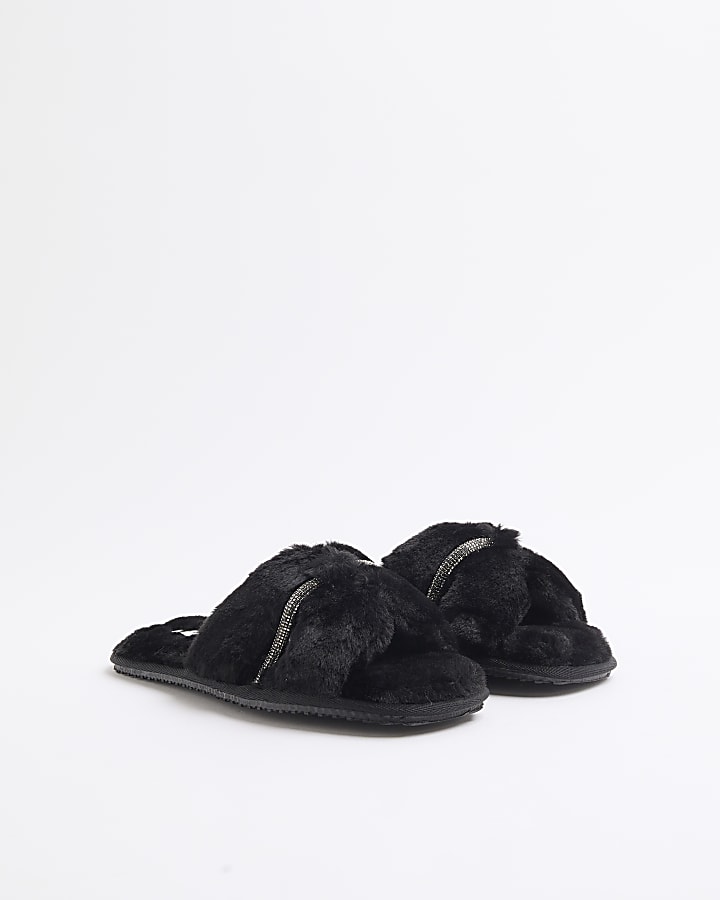 Black Faux Fur Diamante Cut Out Slippers