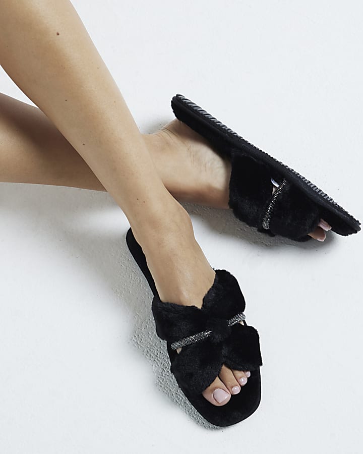 Black Faux Fur Diamante Cut Out Slippers River Island