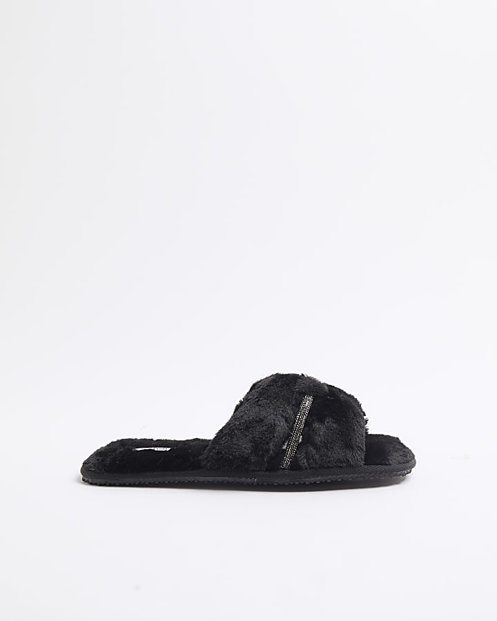 Black Faux Fur Diamante Cut Out Slippers