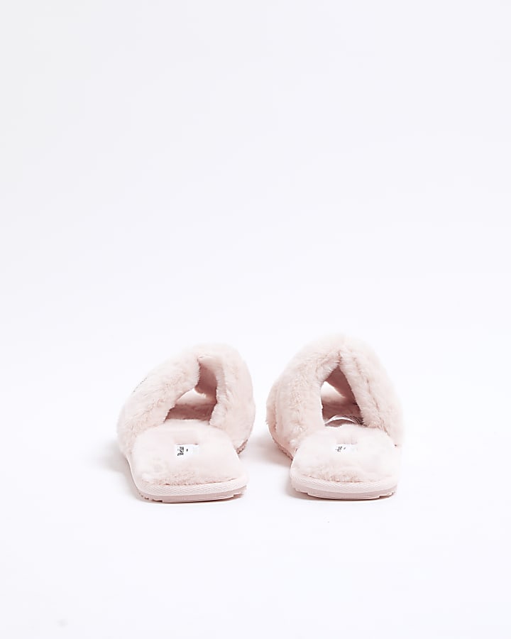 Pink Faux Fur Diamante Cut Out Slippers