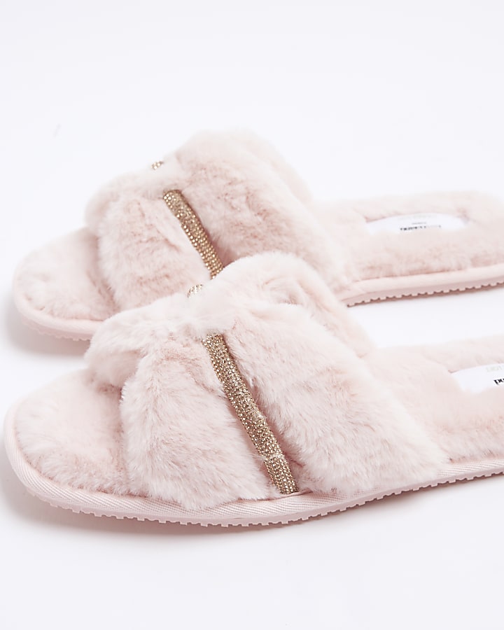 Pink Faux Fur Diamante Cut Out Slippers