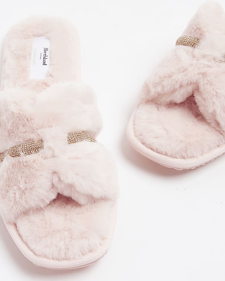 Pink Faux Fur Diamante Cut Out Slippers