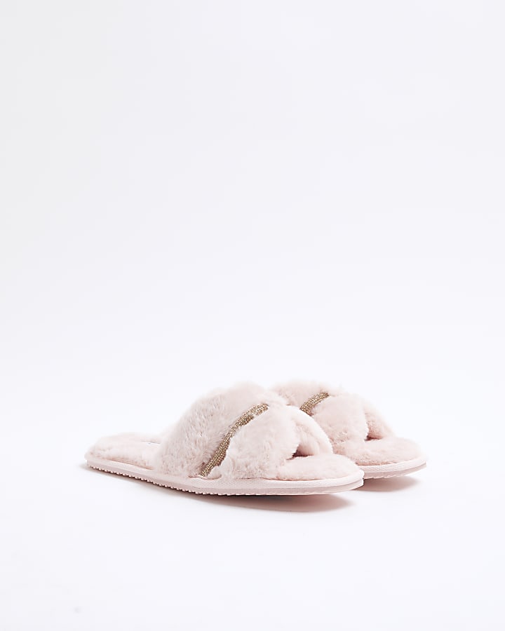 Pink Faux Fur Diamante Cut Out Slippers