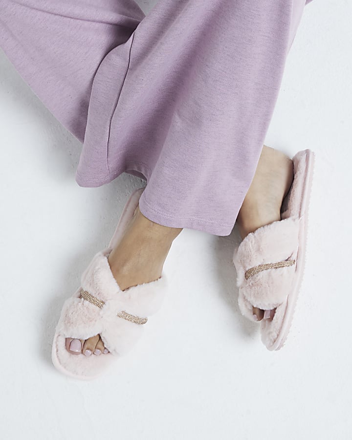 Pink Faux Fur Diamante Cut Out Slippers