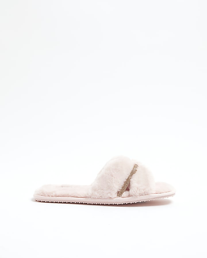 Pink Faux Fur Diamante Cut Out Slippers