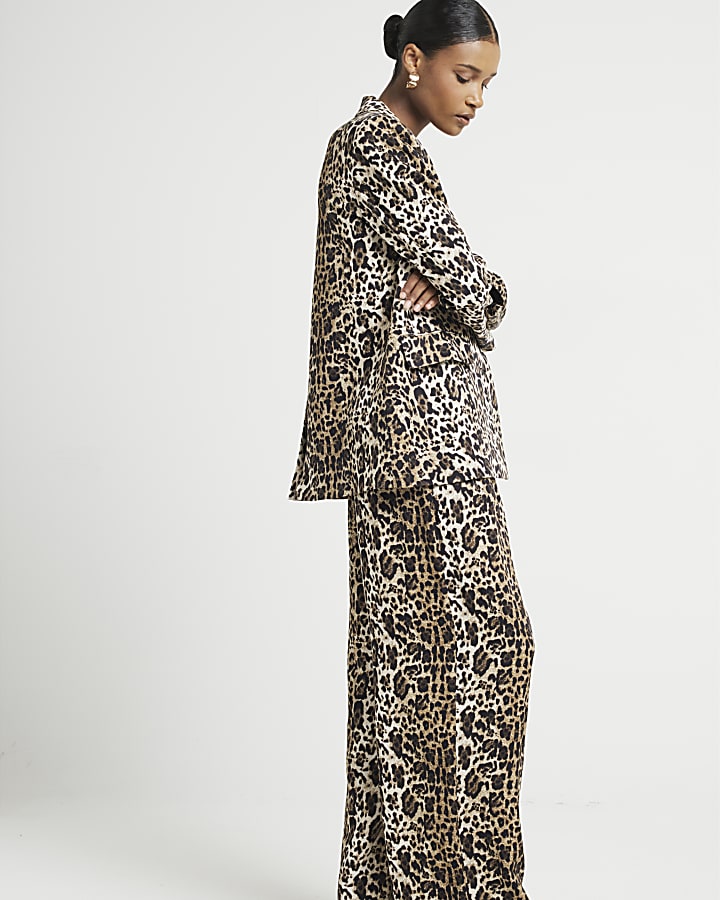 Brown leopard print wide leg trousers