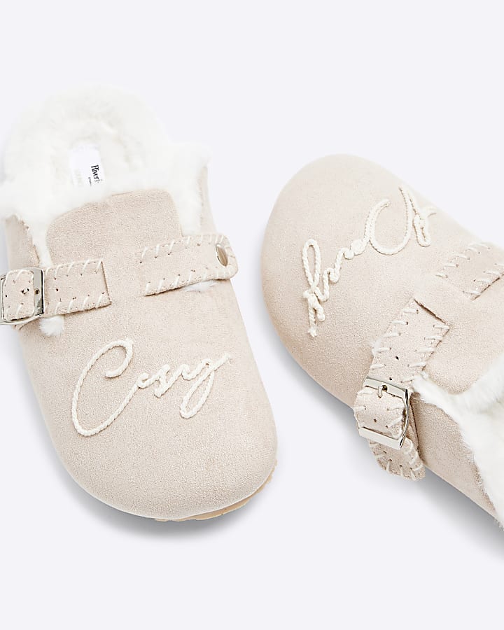 Cream Faux Fur Footbed Mule Slippers