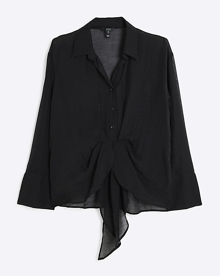 Black twist front button up shirt