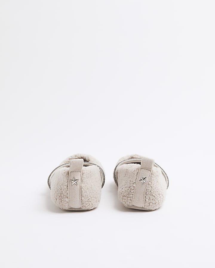 Grey Embellished Strap Borg Ballet Slippers