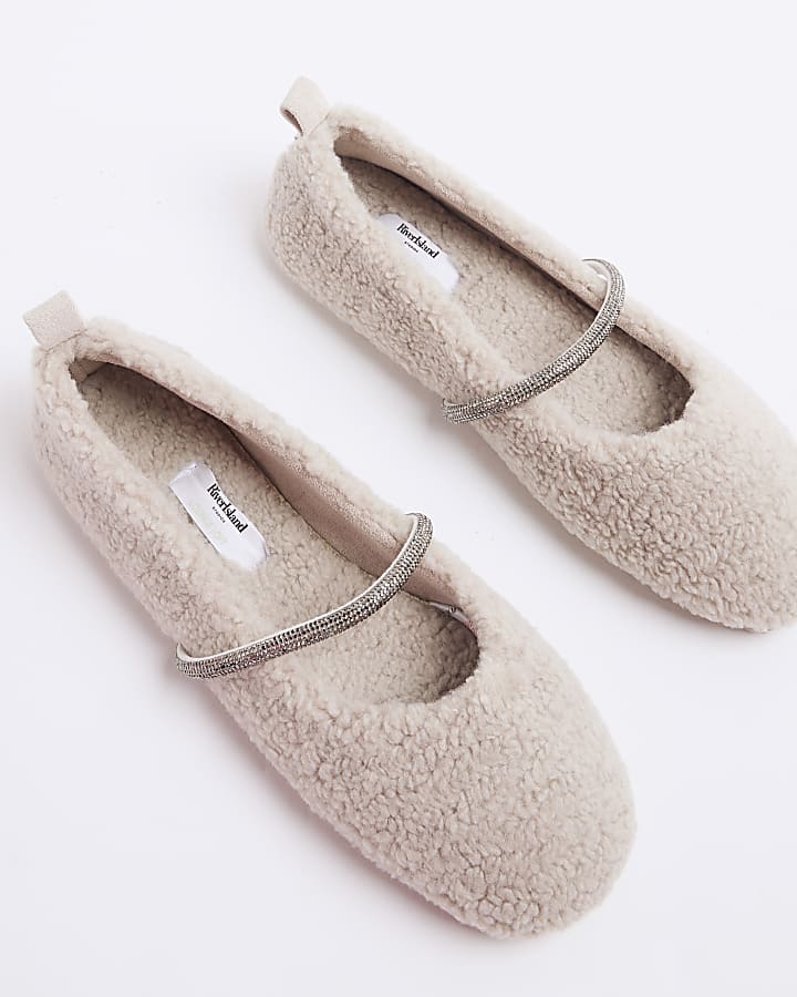 Grey Embellished Strap Borg Ballet Slippers